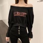 Long-sleeve Off-shoulder Letter Printed Lace Up Top