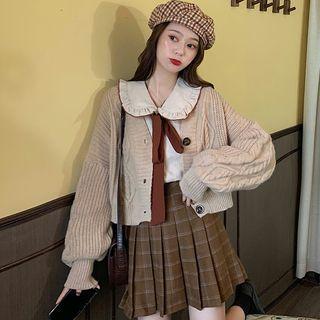 Long-sleeve Peter Pan-collar Tie-strap Shirt / Cable Knit Cardigan / Plaid Pleated Mini Skirt