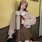 Long-sleeve Peter Pan-collar Tie-strap Shirt / Cable Knit Cardigan / Plaid Pleated Mini Skirt