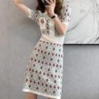 Short-sleeve Collar Argyle Knit Sheath Dress