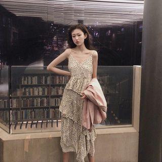 Spaghetti Strap Dotted Tiered Midi A-line Dress / Single-breasted Blazer