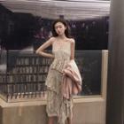 Spaghetti Strap Dotted Tiered Midi A-line Dress / Single-breasted Blazer