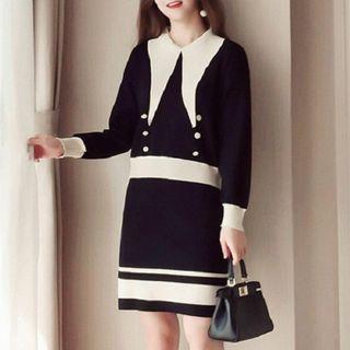 Set: Color Block Sweater + Knitted Skirt