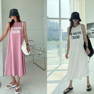 Sleeveless Letter Print Flared Long Dress