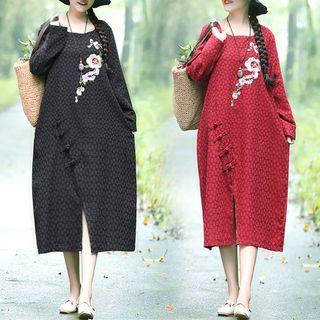 Long-sleeve Floral Embroidered Midi Shift Dress