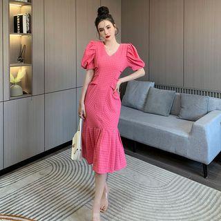 Puff-sleeve V-neck Midi Mermaid Dress