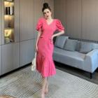 Puff-sleeve V-neck Midi Mermaid Dress