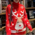 Turtleneck Reindeer Print Sweater Red - One Size