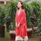 3/4-sleeve Open-front Oversized Jacket Red - One Size
