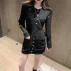 Buttoned Long-sleeve Mini Sheath Dress Black - One Size
