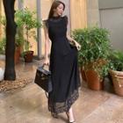 Cap-sleeve Lace Panel Mock-neck Midi Dress