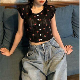 Short-sleeve Floral Knit Cropped Top