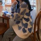 Beaded Heart Print Sweater Blue - One Size