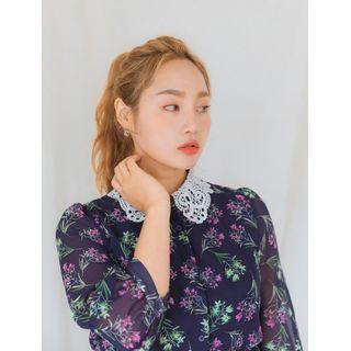 Crochet-collar Floral Print Chiffon Dress