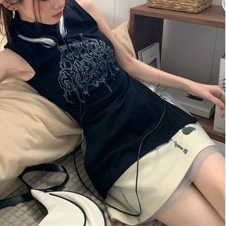 Sleeveless Rhinestone Top / Chinese Character Mini Skirt
