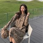 Leopard Print Knit Midi A-line Hoodie Dress