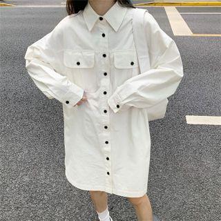 Flap-pocket Long-sleeve Long Shirt