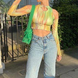 Printed Long-sleeve Off-shoulder Cut-out Cropped Top