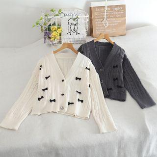 Bow-accent V-neck Cable Knit Cardigan