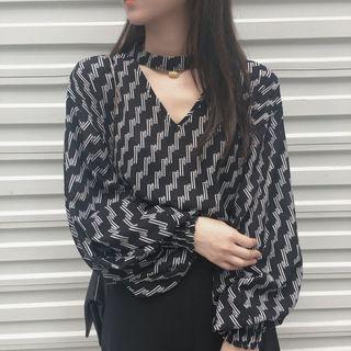 Print V-neck Long-sleeve Chiffon Top