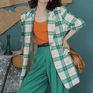 Short-sleeve Plaid Blazer Plaid - Yellow & Green - One Size