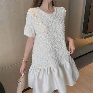 Round-neck Ruched Ruffle Hem A-line Dress