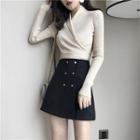 Wrap Knit Top / Double-breasted A-line Mini Skirt
