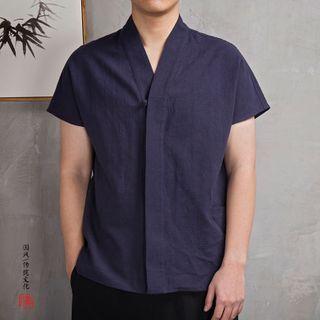 Short-sleeve V-neck Linen Shirt