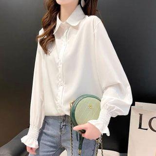 Long-sleeve Ruffle Trim Plain Loose Fit Shirt White - One Size