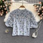 Embroidered Puff-sleeve Print Top Blue - Floral - One Size