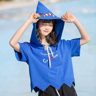 Short-sleeve Shark Print Hooded T-shirt