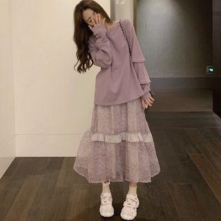 Set: Plain Pullover + Floral Print Midi A-line Skirt