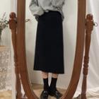 High-waist Plain Slit Medium Long A-line Skirt