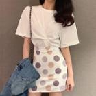 Elbow-sleeve Knot Front T-shirt / Dotted Mini Skirt