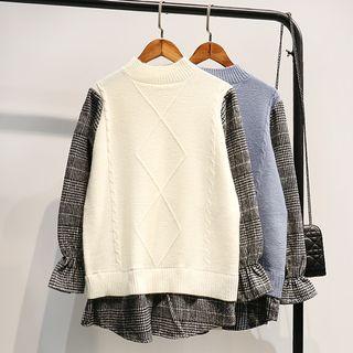 Mock Two Piece Knit Panel Plaid Pullover