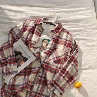 Color-block Plaid Long-sleeve Blouse Red - One Size