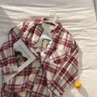 Color-block Plaid Long-sleeve Blouse Red - One Size