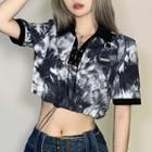 Short-sleeve Tie-dyed Drawstring Crop Polo Shirt