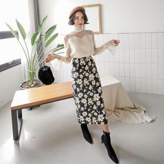 Floral Print Velvet Long Skirt