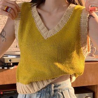 Contrast Trim Cropped Sweater Vest Yellow - One Size