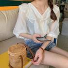 Lace Up Elbow-sleeve Blouse Almond - One Size