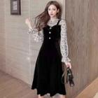 Mock Two-piece Long-sleeve Floral Panel Corduroy Dress