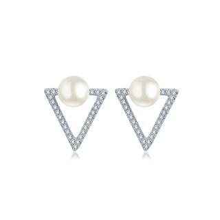 Sterling Silver Fashion And Elegant Geometric Triangle Freshwater Pearl Stud Earrings With Cubic Zirconia Silver - One Size