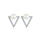 Sterling Silver Fashion And Elegant Geometric Triangle Freshwater Pearl Stud Earrings With Cubic Zirconia Silver - One Size