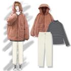 Hooded Padded Zip Jacket / Straight-cut Pants / Turtleneck Long-sleeve Top