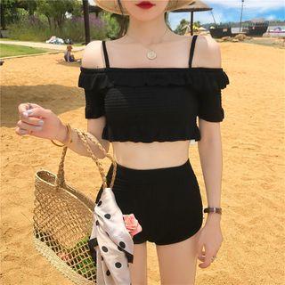 Set: Short-sleeve Cold Shoulder Knit Tankini Top + High-waist Bottom Set - Top - Black - One Size / Bottom - Black - One Size
