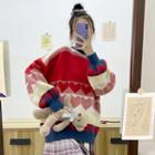 Heart Print Color Block Sweater Heart - Red & Pink - One Size