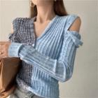 Contrast Panel Cutout Knit Top / Plain Sweatpants