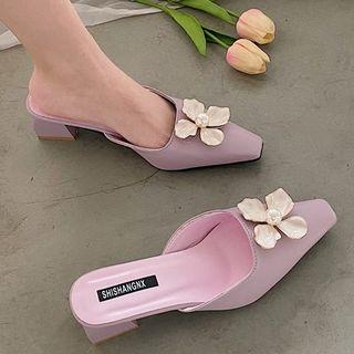 Block Heel Faux Pearl Floral Mules