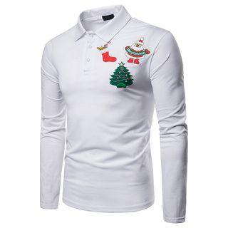 Long-sleeve Christmas Applique Polo Shirt